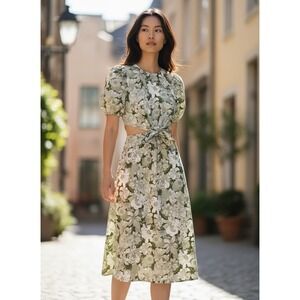 J.Crew Liberty Fabric Green Floral Cutout Knot Front Puff Sleeve Midi Dress 44in